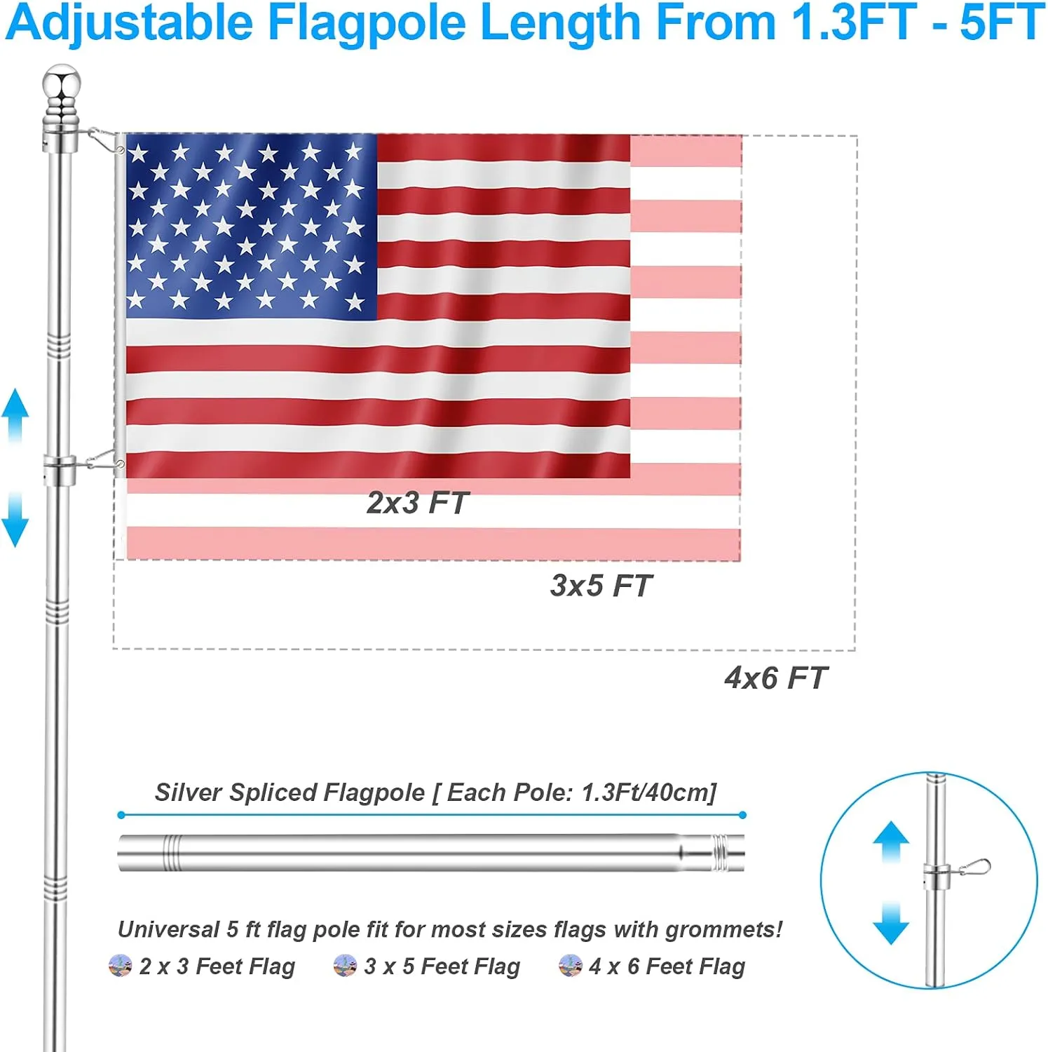 Upgraded Flag Pole Kit w/ 2-Position Bracket Holder & w/Spinning Rings - 5FT to 6Ft 1" Metal Flagpole Kit for 3x5 & 4x6 American Flag - Yard House Wall Mount Flag Pole for Residential (5 FT, Silver)