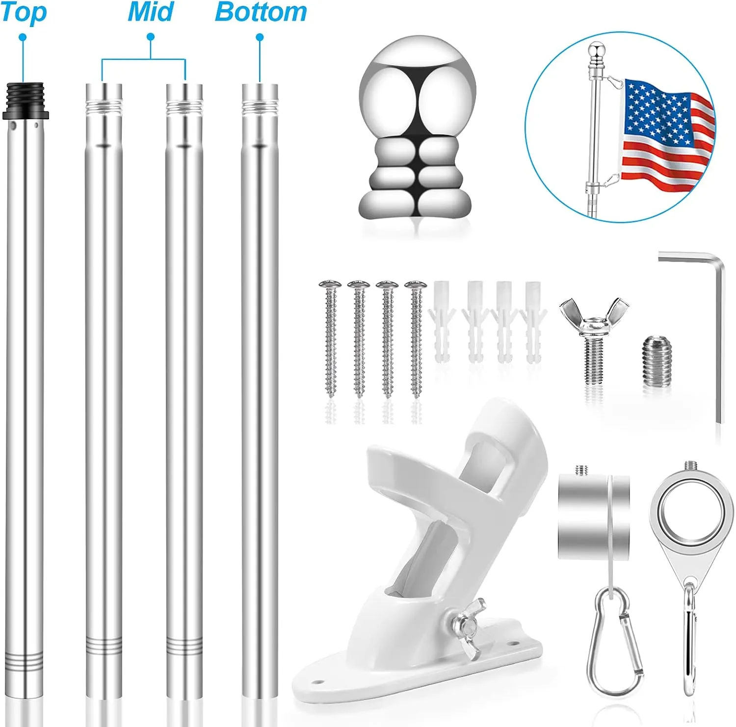 Upgraded Flag Pole Kit w/ 2-Position Bracket Holder & w/Spinning Rings - 5FT to 6Ft 1" Metal Flagpole Kit for 3x5 & 4x6 American Flag - Yard House Wall Mount Flag Pole for Residential (5 FT, Silver)