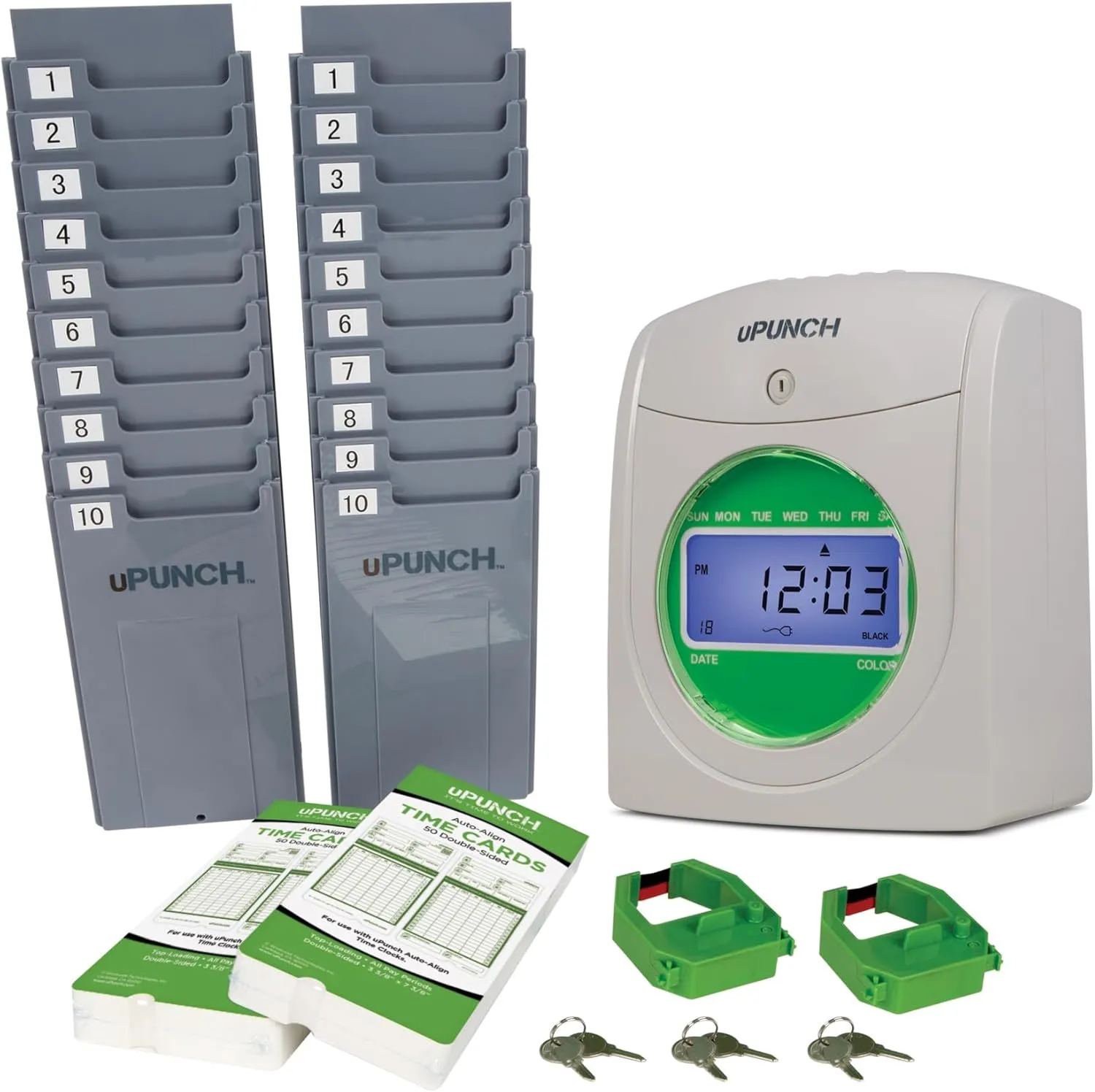 uPunch HN3500 Advanced Time Clock Bundle for Small Business: Complete Employee Time Tracking System with 100 Time Cards, 2 Racks, 2 Ribbons, and 6 Keys