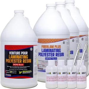 VENTURE POUR 1gallon & FIBERLAM 3 Gallon (total 4 Gallons) Polyester Resin  MEKP Hardener; Low Viscosity Coating for Laminating Fiberglass mat/Biaxle/Cloth; Boat/RV/Automotive/Canoe| with finish resin