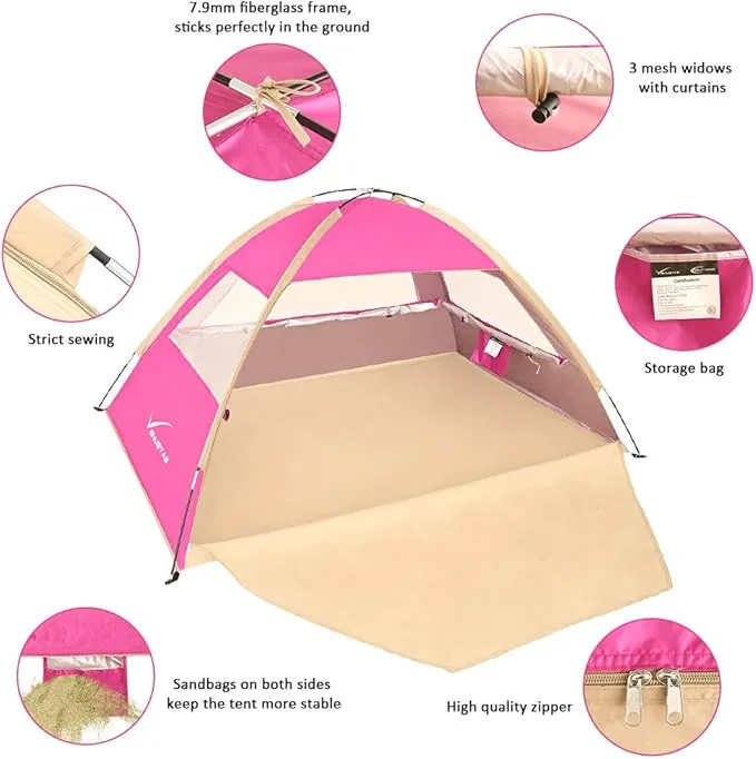 Venustas Beach Tent Sun Shelter for 3/4-5/6-7/8-10 Person, UPF 50  UV Protection Beach Canopy, Lightweight and Easy Setup Cabana, Portable Beach Shade Tent