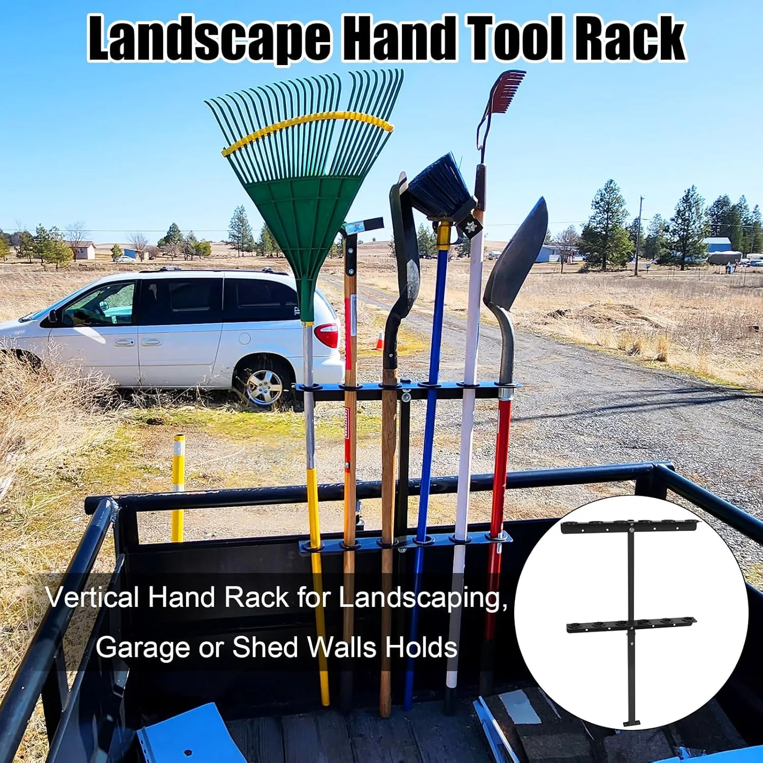 Vertical Hand Rack for Enclosed Landscaping Truck Trailer Garage or Shed Walls Holds 6 Tools for Shovels, Rakes, Hoes, Open Trailer Storage, 1 Pack (Black)