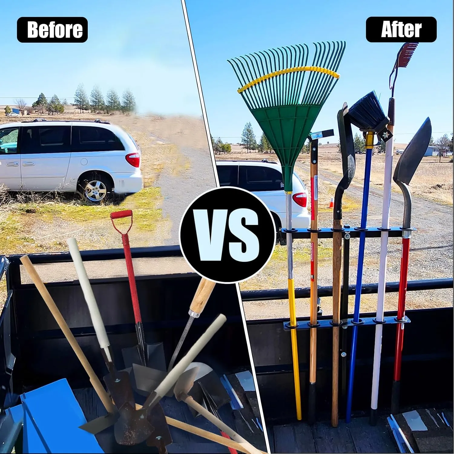 Vertical Hand Rack for Enclosed Landscaping Truck Trailer Garage or Shed Walls Holds 6 Tools for Shovels, Rakes, Hoes, Open Trailer Storage, 1 Pack (Black)