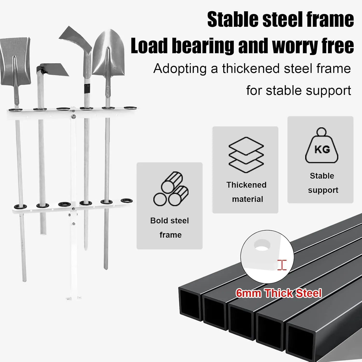 Vertical Hand Rack for Enclosed Landscaping Truck Trailer Garage or Shed Walls Holds 6 Tools for Shovels, Rakes, Hoes, Open Trailer Storage, 1 Pack (White)