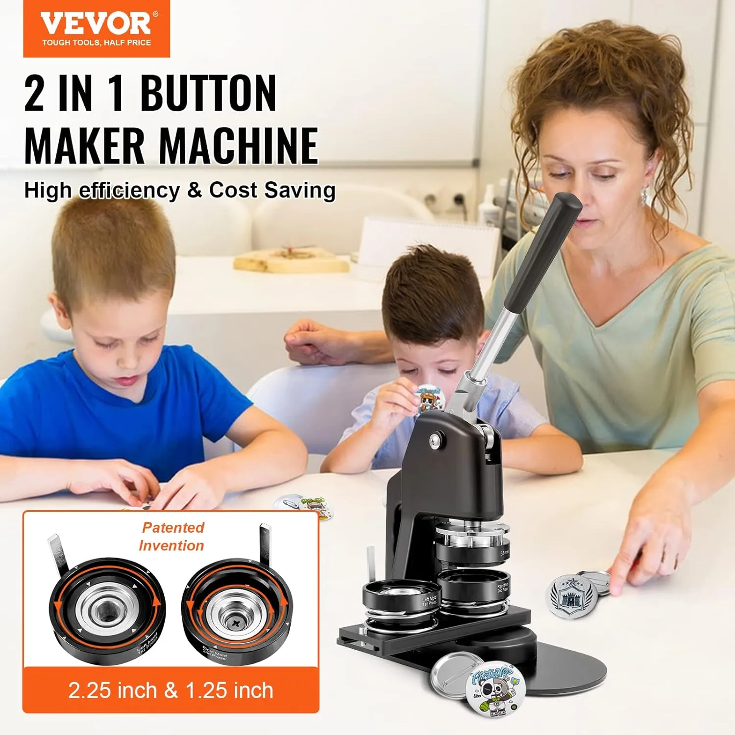 VEVOR Button Maker Machine, Multiple Sizes 1.25 2.25 Inch Badge Punch Press Kit, Children DIY Gifts Pin Maker, Button Making Supplies with 500pcs Button Parts & Circle Cutter & Magic Book
