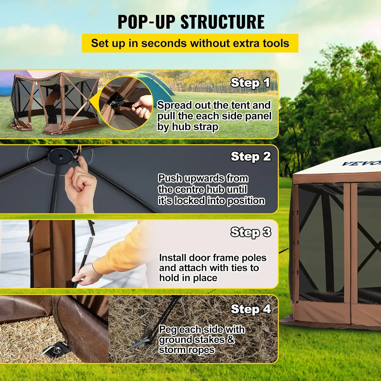 VEVOR Gazebo Screen Tent, 12 x 12 ft, 6 Sided Pop-up Camping Canopy Shelter Tent with Mesh Windows, Portable Carry Bag, Ground Stakes, Large Shade Tents for Outdoor Camping, Lawn and Backyard