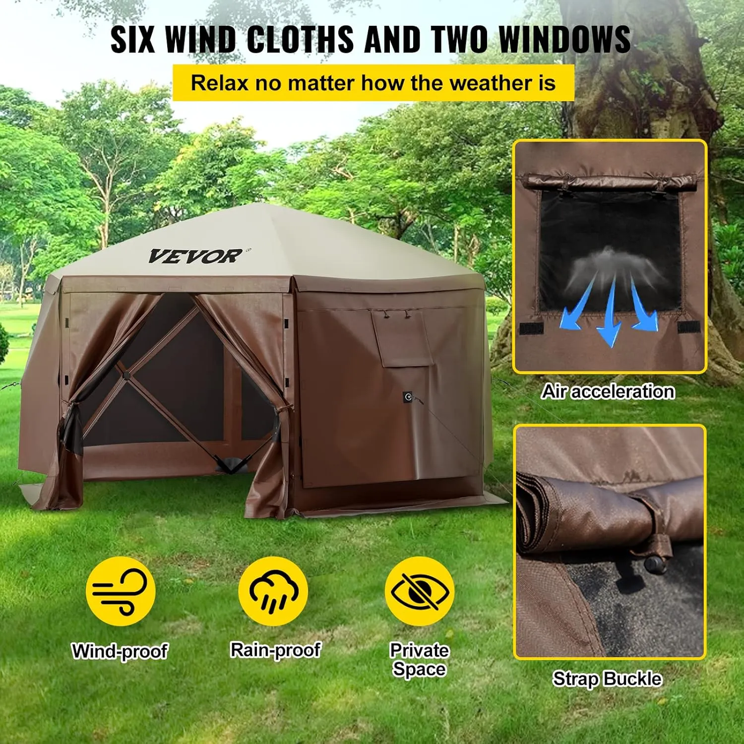 VEVOR Gazebo Screen Tent, 12 x 12 ft, 6 Sided Pop-up Camping Canopy Shelter Tent with Mesh Windows, Portable Carry Bag, Ground Stakes, Large Shade Tents for Outdoor Camping, Lawn and Backyard