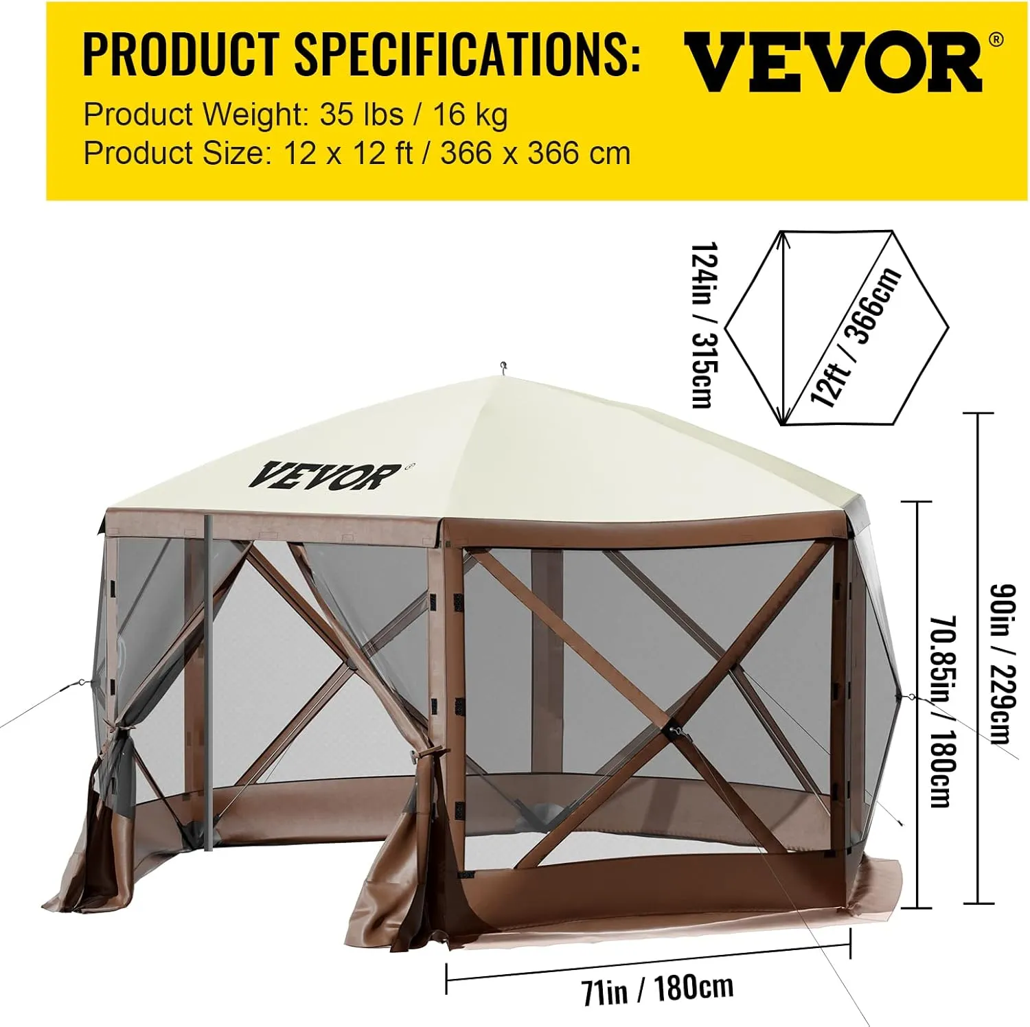 VEVOR Gazebo Screen Tent, 12 x 12 ft, 6 Sided Pop-up Camping Canopy Shelter Tent with Mesh Windows, Portable Carry Bag, Ground Stakes, Large Shade Tents for Outdoor Camping, Lawn and Backyard