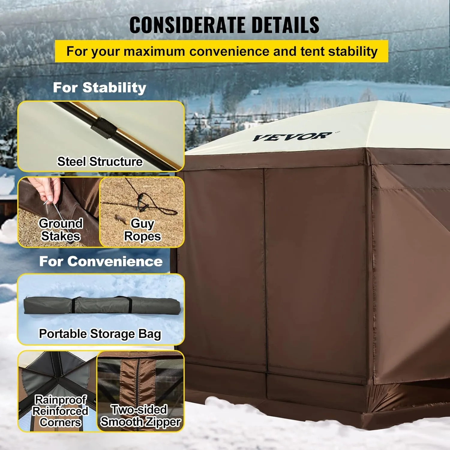 VEVOR Gazebo Screen Tent, 12 x 12 ft, 6 Sided Pop-up Camping Canopy Shelter Tent with Mesh Windows, Portable Carry Bag, Ground Stakes, Large Shade Tents for Outdoor Camping, Lawn and Backyard