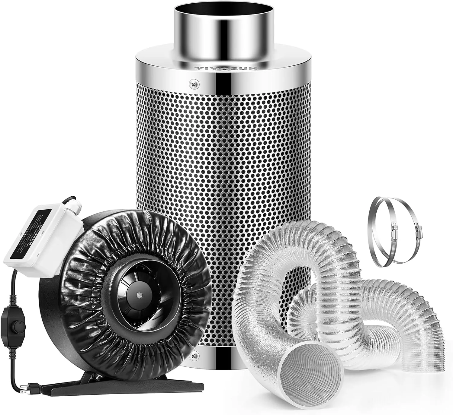 VIVOSUN 4 Inch 203 CFM Inline Fan with Speed Controller and Leather Sheath, 4 Inch Carbon Filter and 8 Feet of Ducting, Air Filtration Combo for Grow Tent Ventilation