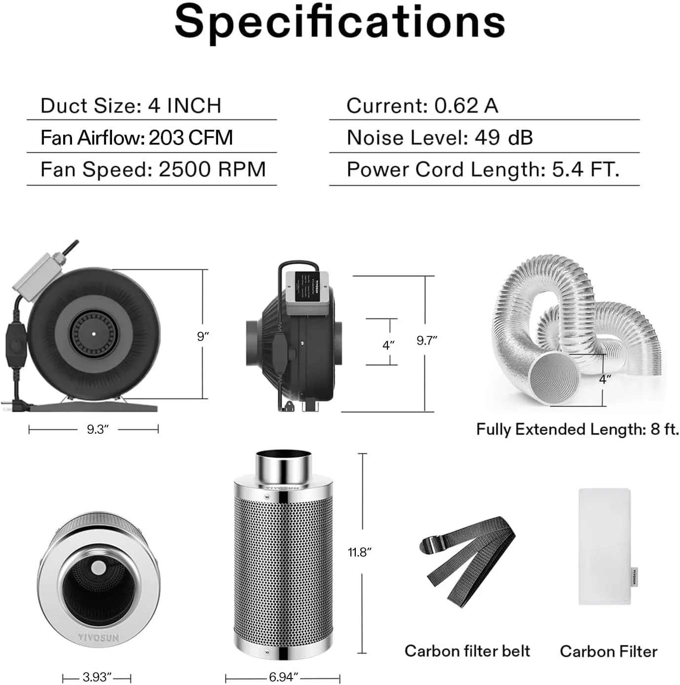VIVOSUN 4 Inch 203 CFM Inline Fan with Speed Controller and Leather Sheath, 4 Inch Carbon Filter and 8 Feet of Ducting, Air Filtration Combo for Grow Tent Ventilation