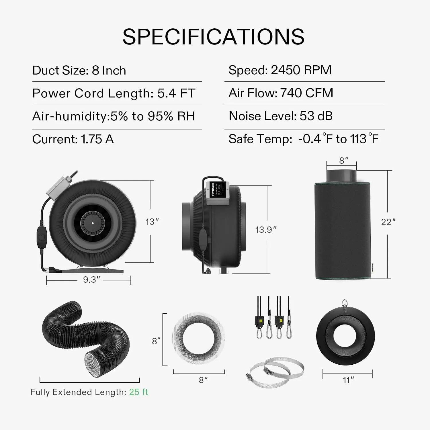 VIVOSUN Grow Tent Ventilation System Kit: 8 Inch 740 CFM Inline Fan with Speed Controller, 8 Inch Carbon Filter and 25 Feet Black Ducting with a Pair of Rope Hanger