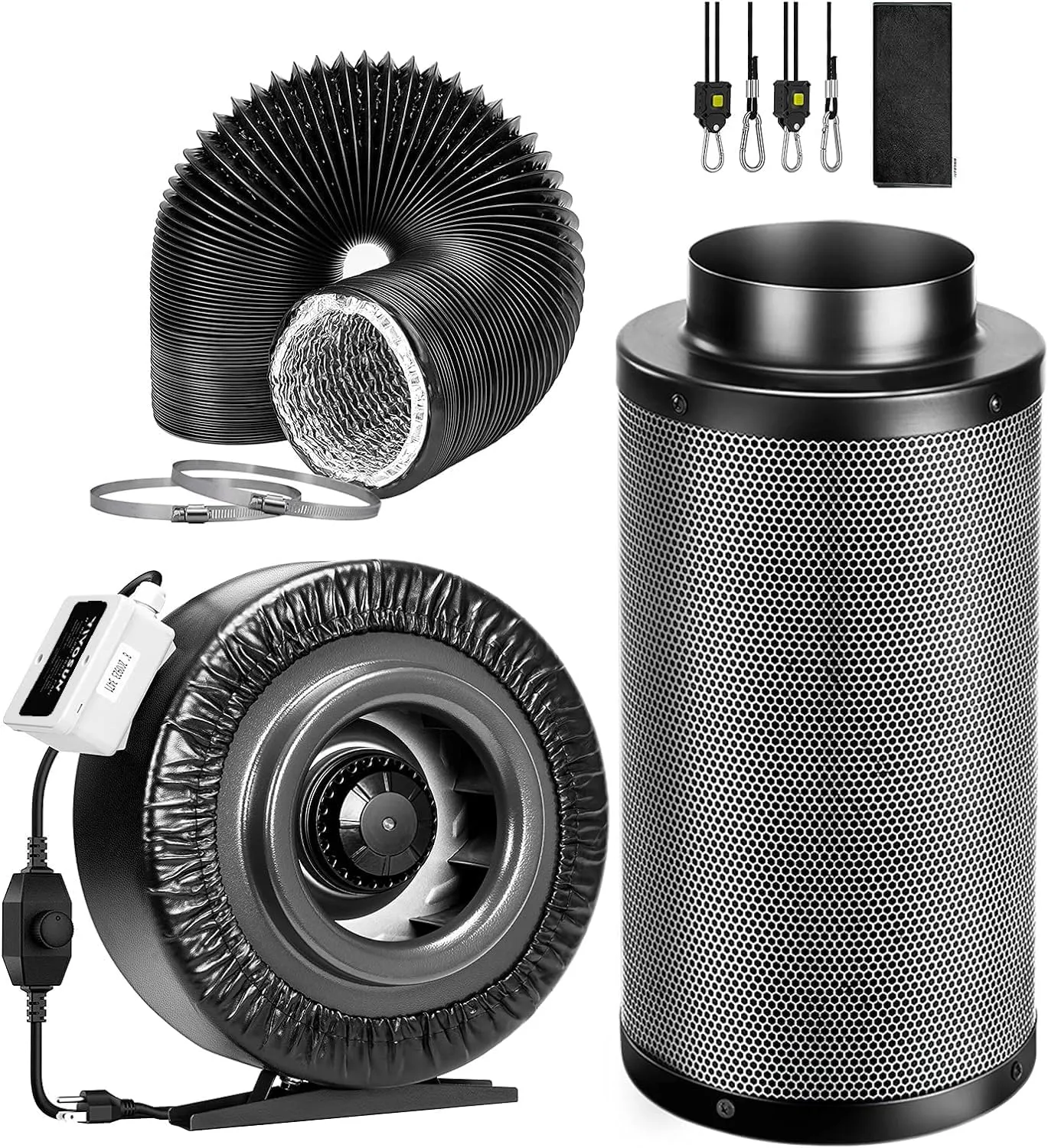 VIVOSUN Grow Tent Ventilation System Kit: 8 Inch 740 CFM Inline Fan with Speed Controller, 8 Inch Carbon Filter and 25 Feet Black Ducting with a Pair of Rope Hanger