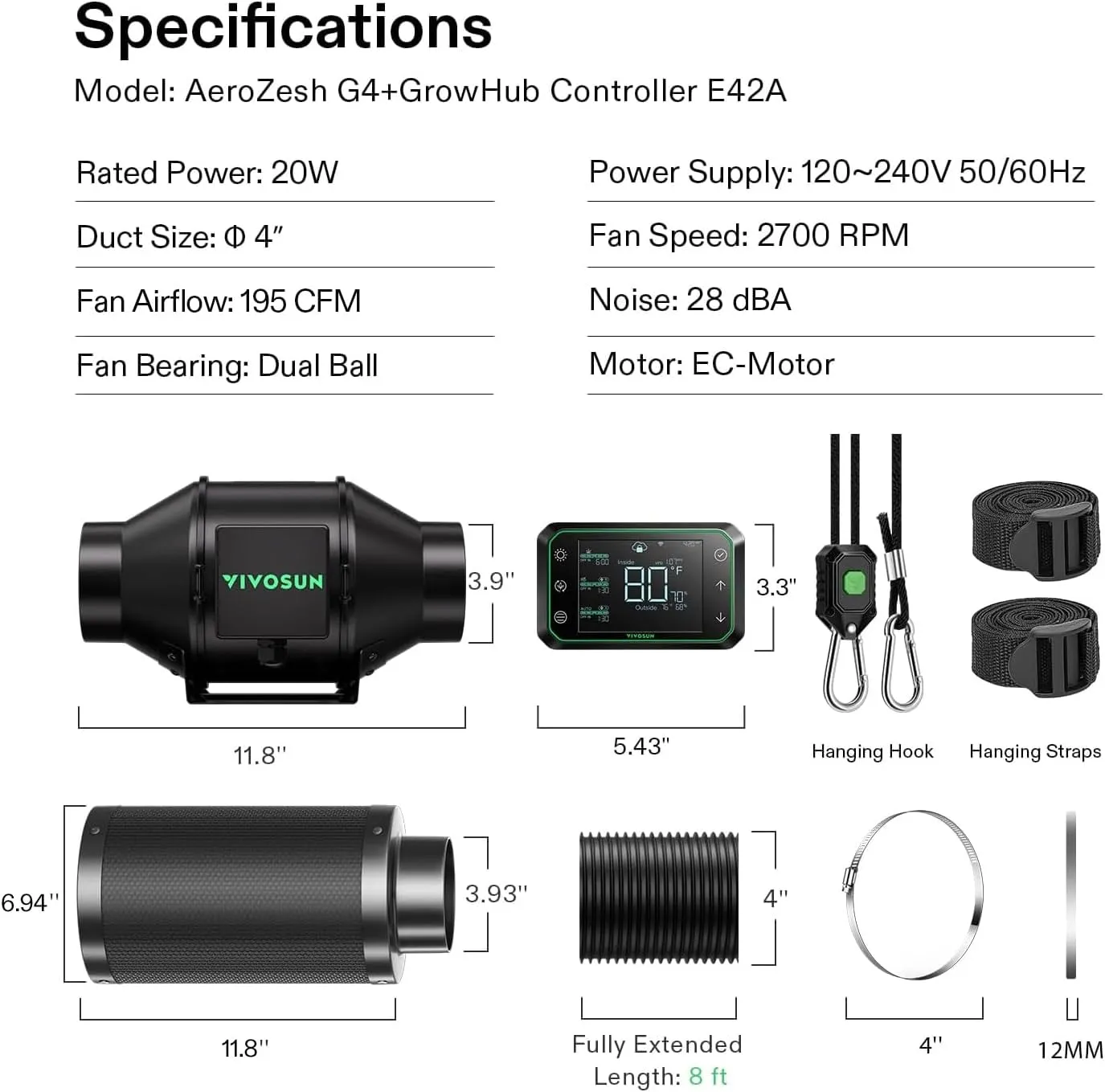 VIVOSUN Smart Air Filtration PRO G4 Kit 4", AeroZesh G4 Inline Duct Fan w/GrowHub E42A Temp. Humidity WiFi-Controller, Carbon Filter & Ducting, Cooling & Ventilation System for Grow Tent, Hydroponics