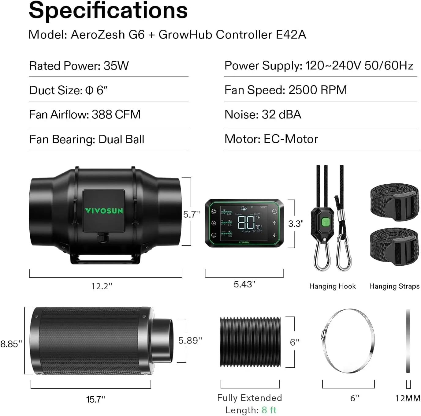 VIVOSUN Smart Air Filtration PRO G6 Kit 6", AeroZesh G6 Inline Duct Fan w/GrowHub E42A Temp. Humidity WiFi-Controller, Carbon Filter & Ducting, Cooling & Ventilation System for Grow Tent, Hydroponics