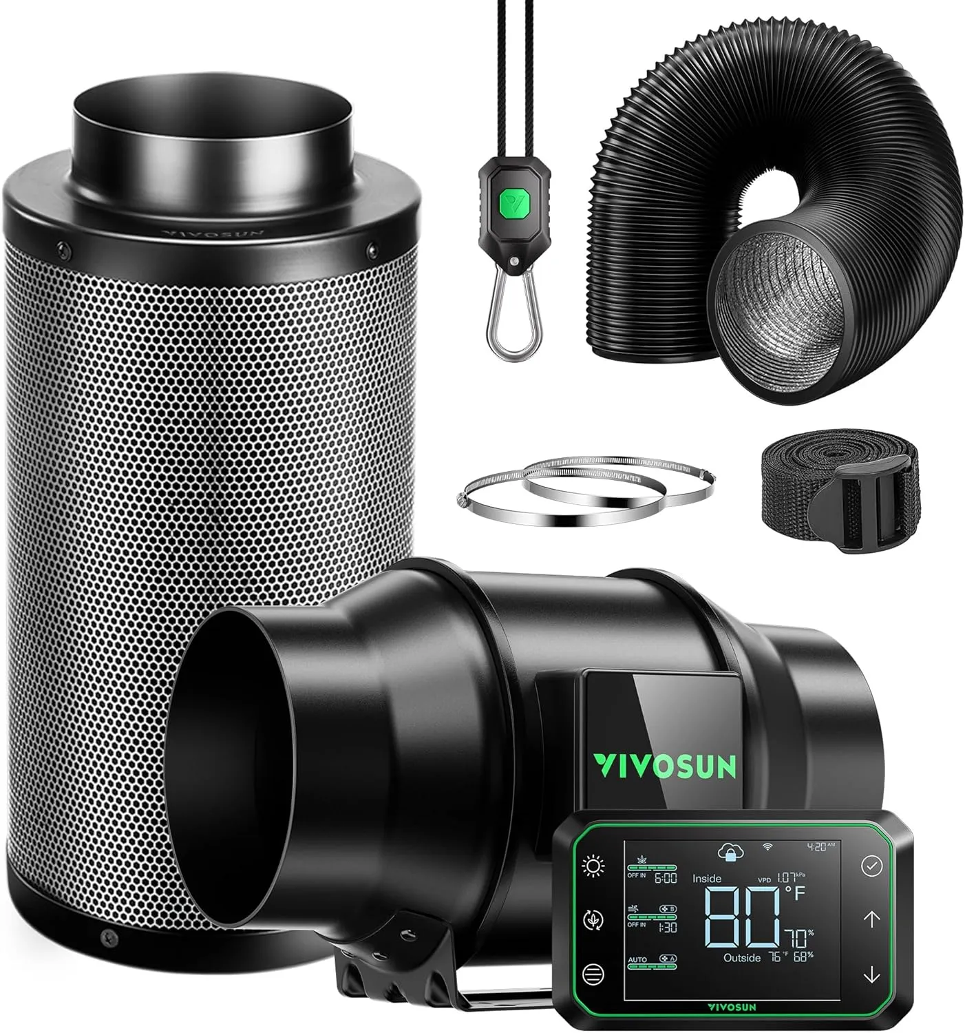 VIVOSUN Smart Air Filtration PRO G6 Kit 6", AeroZesh G6 Inline Duct Fan w/GrowHub E42A Temp. Humidity WiFi-Controller, Carbon Filter & Ducting, Cooling & Ventilation System for Grow Tent, Hydroponics