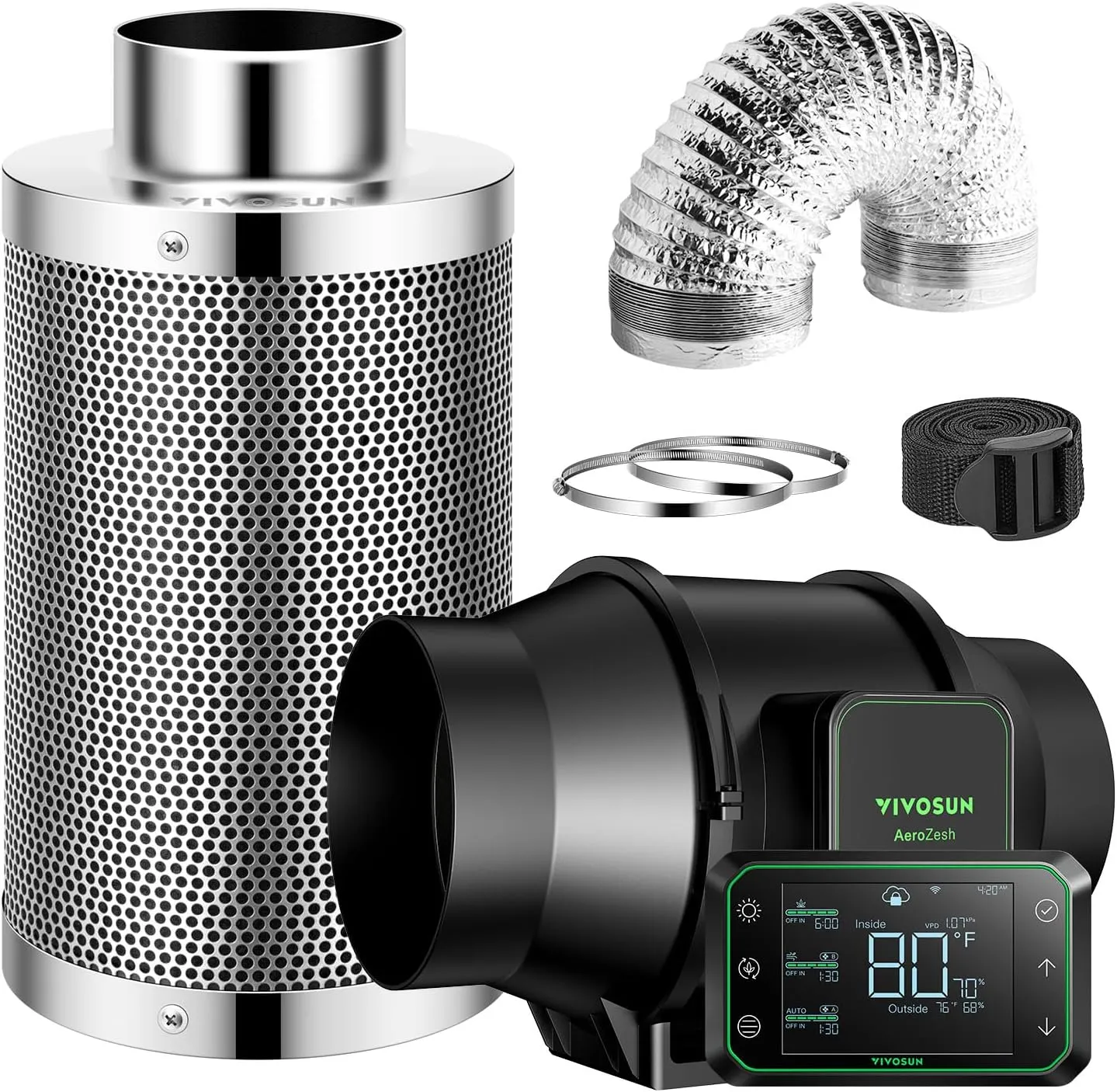VIVOSUN Smart Air Filtration PRO S6 Kit 6", AeroZesh S6 Inline Duct Fan w/GrowHub E42A Temp. Humidity WiFi-Controller, Carbon Filter & Ducting, Cooling & Ventilation System for Grow Tent, Hydroponics