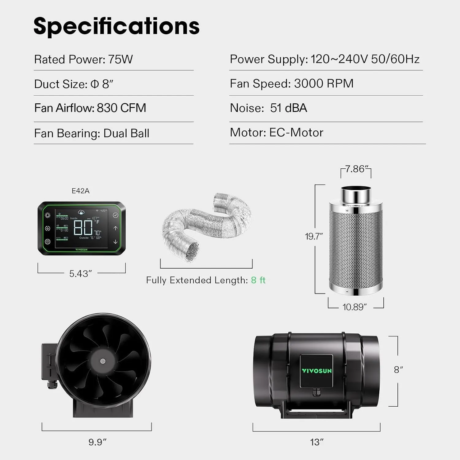 VIVOSUN Smart Air Filtration PRO S8 Kit 8", AeroZesh S8 Inline Duct Fan w/GrowHub E42A Temp. Humidity WiFi-Controller, Carbon Filter & Ducting, Cooling & Ventilation System for Grow Tent, Hydroponics