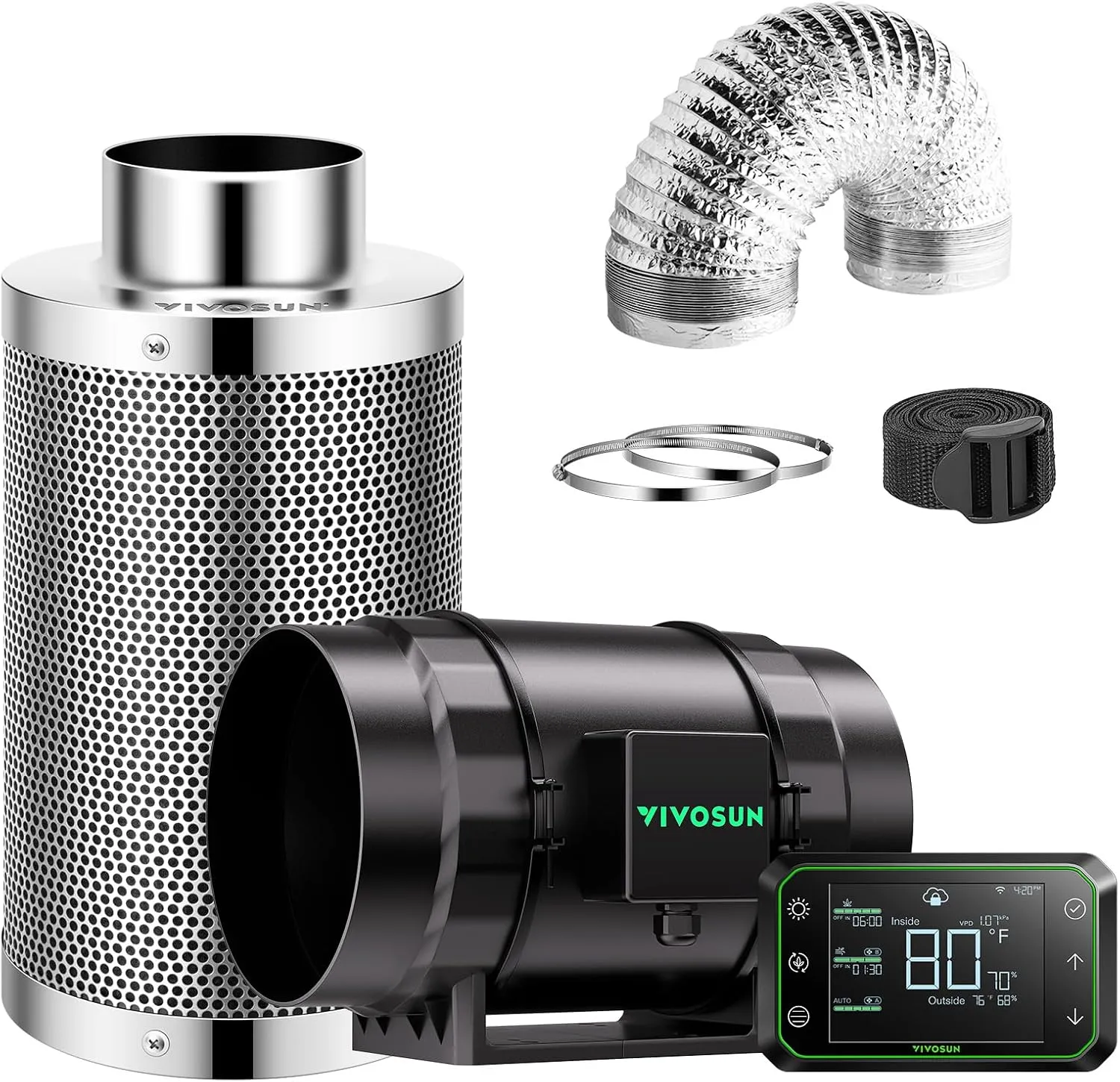 VIVOSUN Smart Air Filtration PRO S8 Kit 8", AeroZesh S8 Inline Duct Fan w/GrowHub E42A Temp. Humidity WiFi-Controller, Carbon Filter & Ducting, Cooling & Ventilation System for Grow Tent, Hydroponics