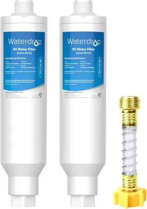 Waterdrop RV/Marine Water Filter with 1 Flexible Hose Protector, Camper Water Filter, Garden Hose Filter, NSF Certified, Greatly Reduces Chlorine, Bad Taste, Odor, 2 Pack