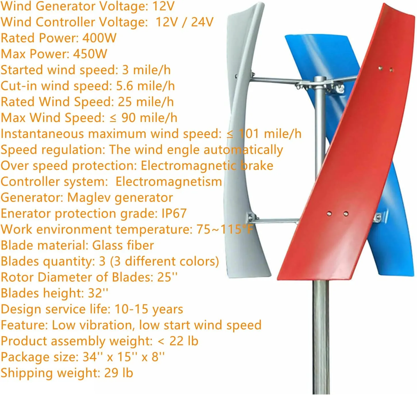 Wind Turbine Generator Kit 450W DC 12V Vertical Wind Power Turbine Generator Kit with Charge Controller 3 Phase AC Permanent Magnet Generator for Home RV Boat Marine Electricity Set (with 3pcs Blades)