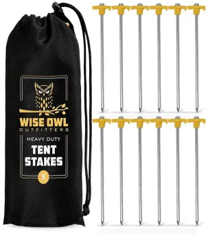 Wise Owl Outfitters Tent Stakes - Heavy Duty Camping Stakes for Outdoor Tent & Tarp - Essential Camping Accessories, Available in 12pk or 16pk