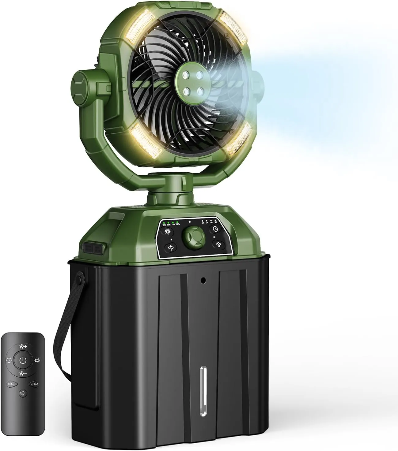 XAP Portable Misting Fan Rechargeable for Hot Weather - 9-inch Auto Swivel Fan with 25000mAh USB Battery as Power Bank, 4 Mist Cooler, 7L Bucket for Outdoor/Camping/Fishing/Yard/Beach/Golf