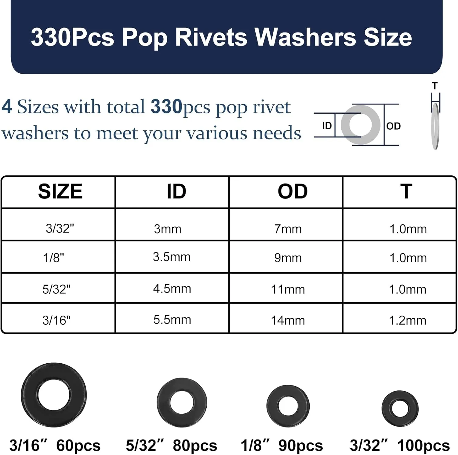 ZQZ 970Pcs Black Pop Rivets with Washer Assortment Kit, 14 Sizes Black Rivits with 3/32" 1/8" 5/32" 3/16" Blind Rivets, Assorted Pop Rivets Set for Metal, Automotive