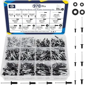 ZQZ 970Pcs Black Pop Rivets with Washer Assortment Kit, 14 Sizes Black Rivits with 3/32" 1/8" 5/32" 3/16" Blind Rivets, Assorted Pop Rivets Set for Metal, Automotive