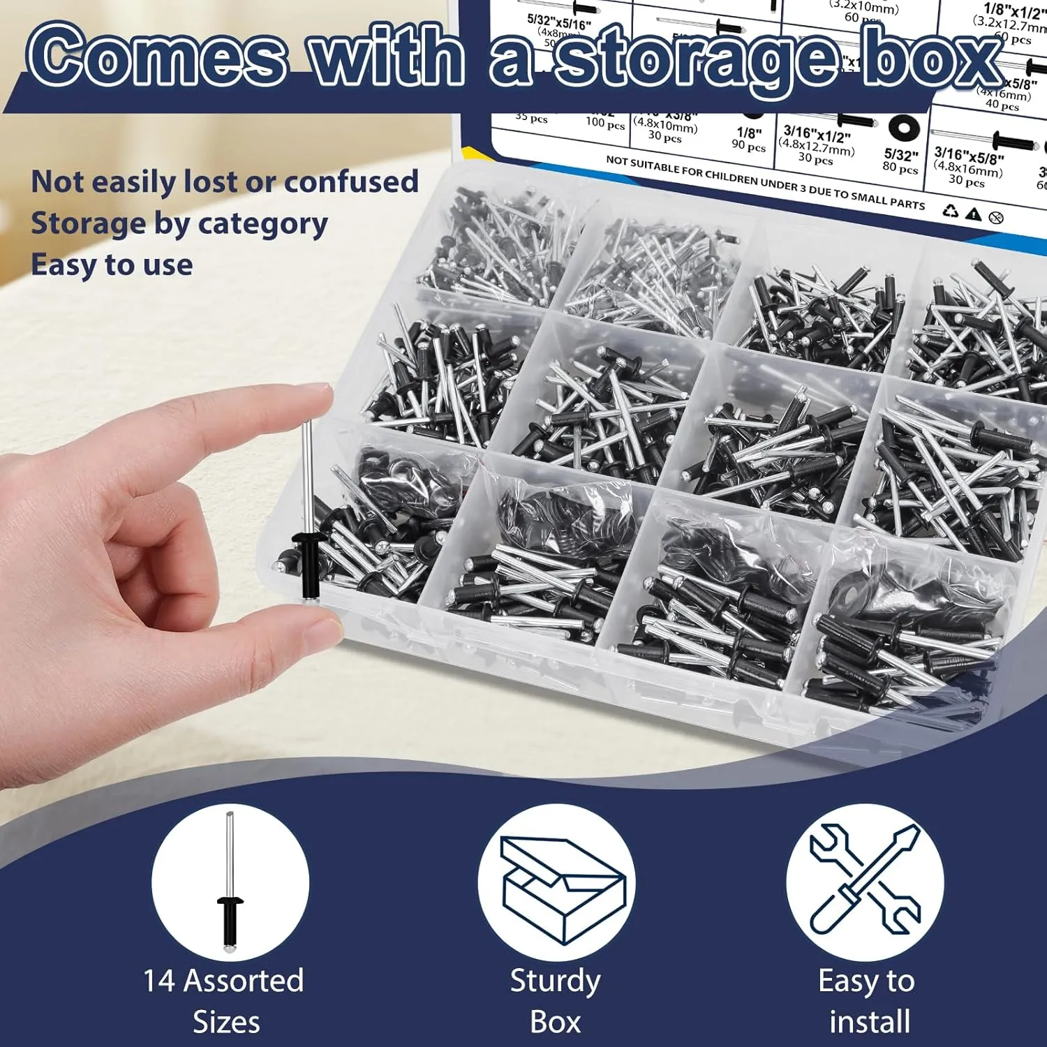 ZQZ 970Pcs Black Pop Rivets with Washer Assortment Kit, 14 Sizes Black Rivits with 3/32" 1/8" 5/32" 3/16" Blind Rivets, Assorted Pop Rivets Set for Metal, Automotive