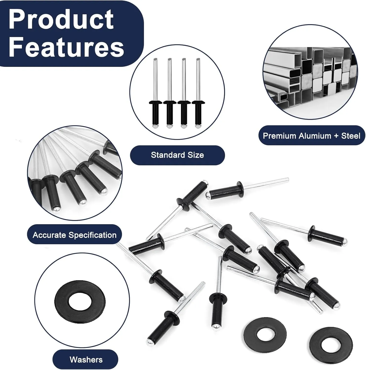 ZQZ 970Pcs Black Pop Rivets with Washer Assortment Kit, 14 Sizes Black Rivits with 3/32" 1/8" 5/32" 3/16" Blind Rivets, Assorted Pop Rivets Set for Metal, Automotive